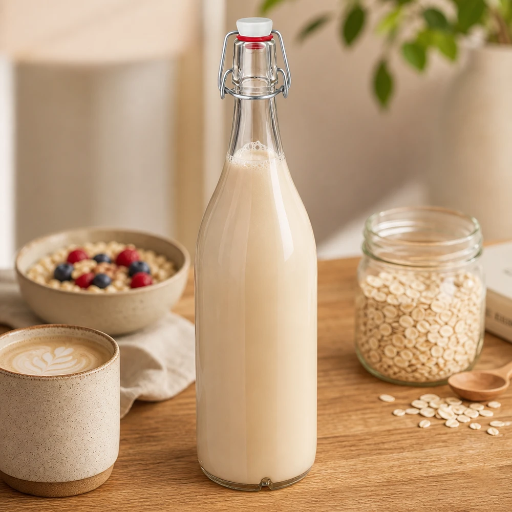 Butelka szklana 1000 ml z zamknięciem porcelanowym UNiTWIST 1000 ml szklana butelka z huśtawką wypełniona mlekiem owsianym obok płatków owsianych i miski śniadaniowej na drewnianym stole