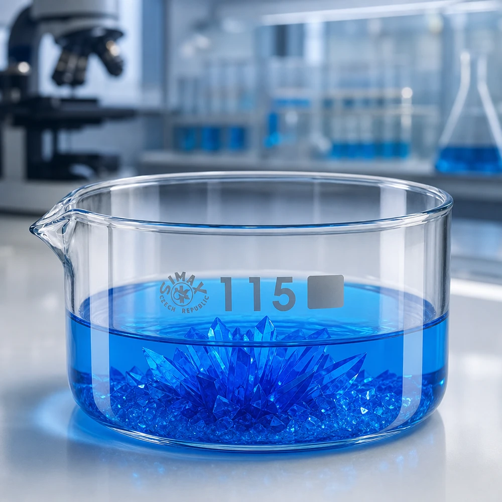Płaska szklana miska o pojemności 500 ml z niebieskimi kryształkami, przeznaczona do zastosowań laboratoryjnych, wykonana ze szkła borokrzemowego SIMAX, średnica 115 mm