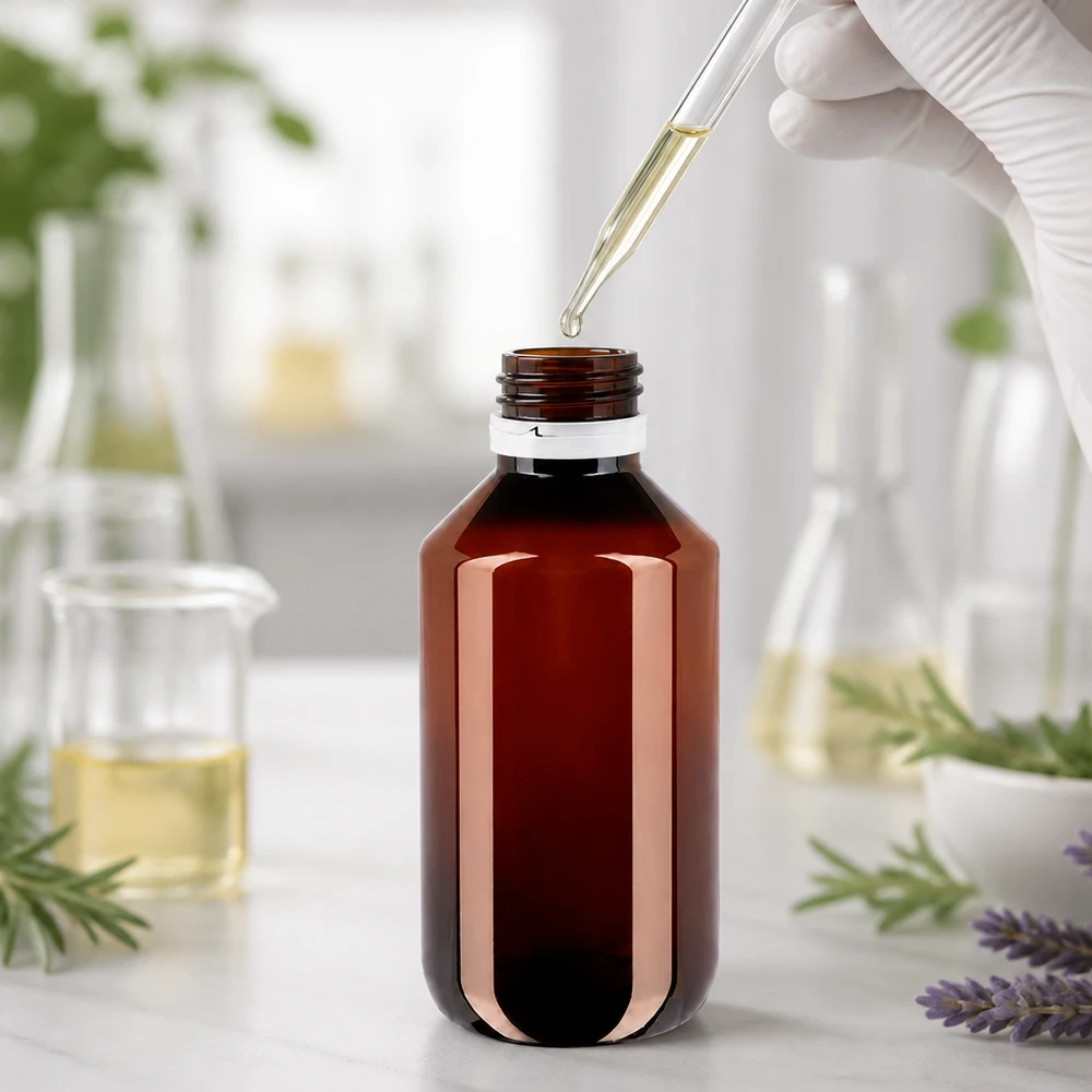 Butelka PET 200 ml z białym karbowanym OV Bursztynowa butelka z tworzywa sztucznego o pojemności 200 ml z białym zamknięciem zabezpieczającym przed manipulacją w laboratorium