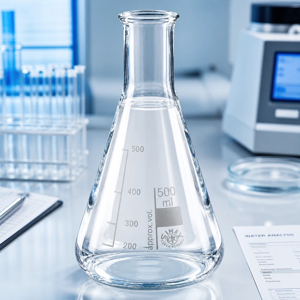 Przezroczysta kolba Erlenmeyera o pojemności 500 ml z wąską szyjką i podziałką do precyzyjnych prac laboratoryjnych