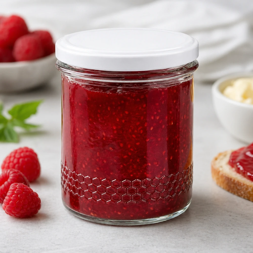 560g Honigglas + BasicSeal Deckel weiß UNiTWIST 400ml słoik na miód jako słoik na dżem malinowy wypełniony dżemem czerwonym scena śniadaniowa pokrywka BasicSeal biała