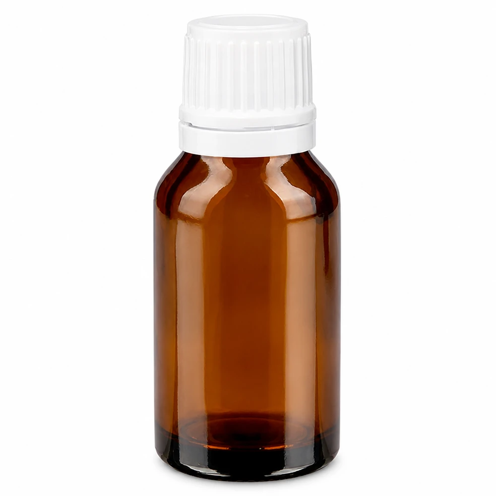 Butelka apteczna brązowa 15ml zakrętka biała OV Brązowa buteleczka apteczna o pojemności 15 ml z białym zamknięciem zabezpieczającym z brązowego szkła