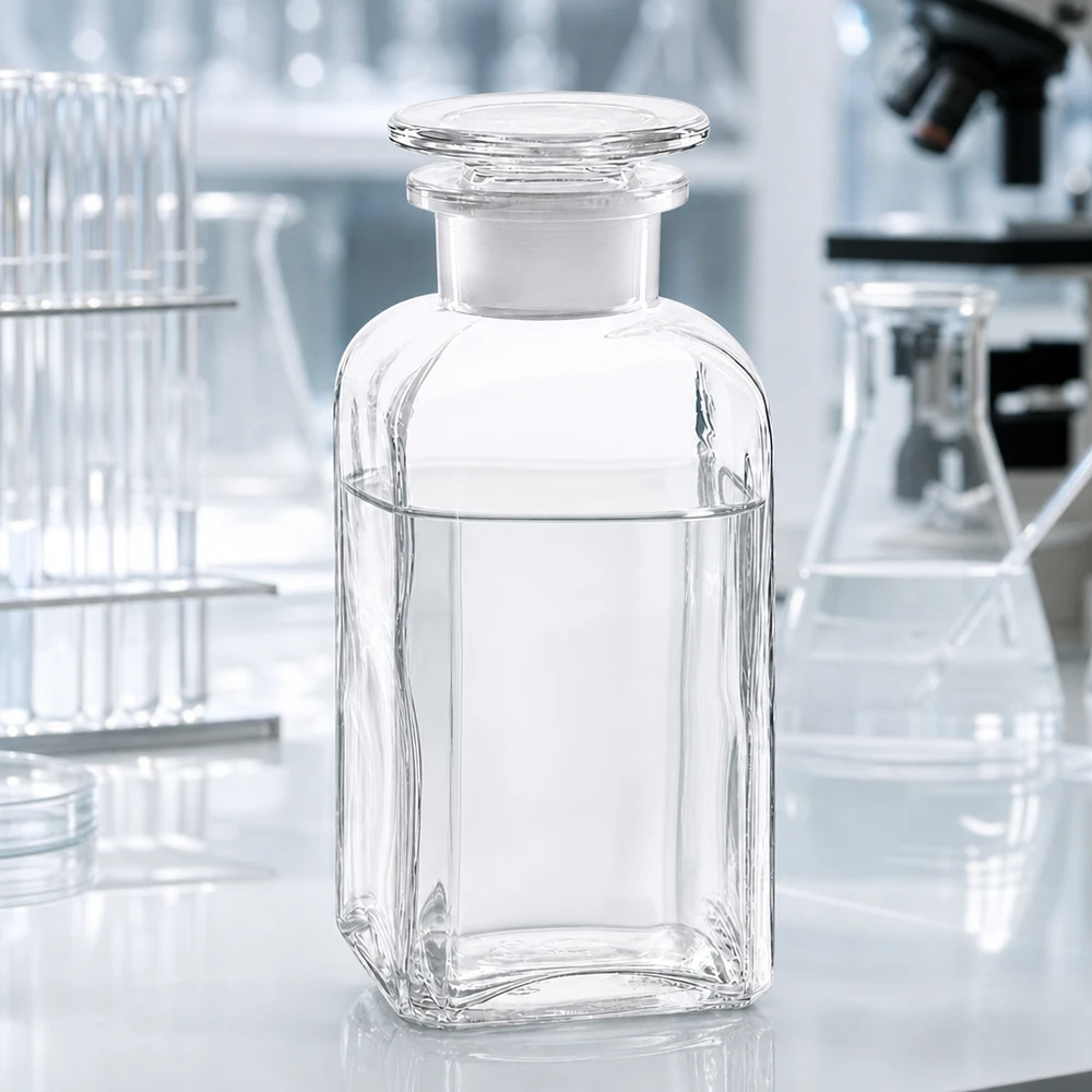 Butelka laboratoryjna 350 ml, kwadratowa, z szeroką szyjką i przezroczystym korkiem szklanym, przeznaczona do odczynników chemicznych