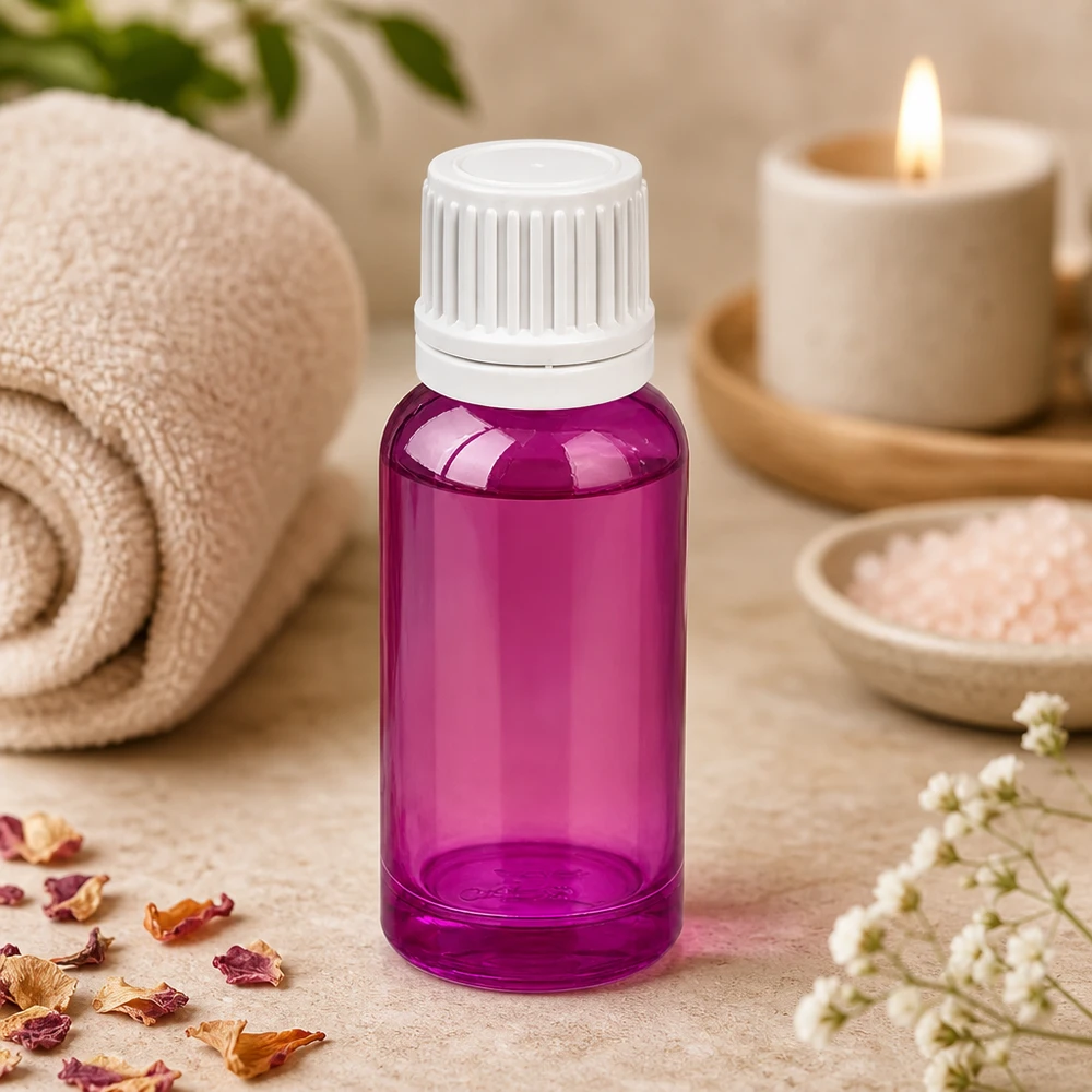 Butelka z zakraplaczem 20 ml 0,7 mm biała Oryginalne zamknięcie z zakrętką PurpleLine UT18/20 Fioletowa butelka z zakraplaczem 20 ml wykonana z wytrzymałego plastiku z białą zakrętką do płynnych kosmetyków
