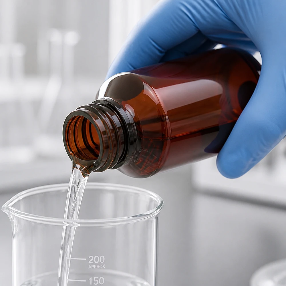 Butelka PET 100 ml z brązową nakrętką Standard Braune PET Flasche 100ml mit weitem Schraubgewinde beim kontrollierten Ausgießen in Messgefäß