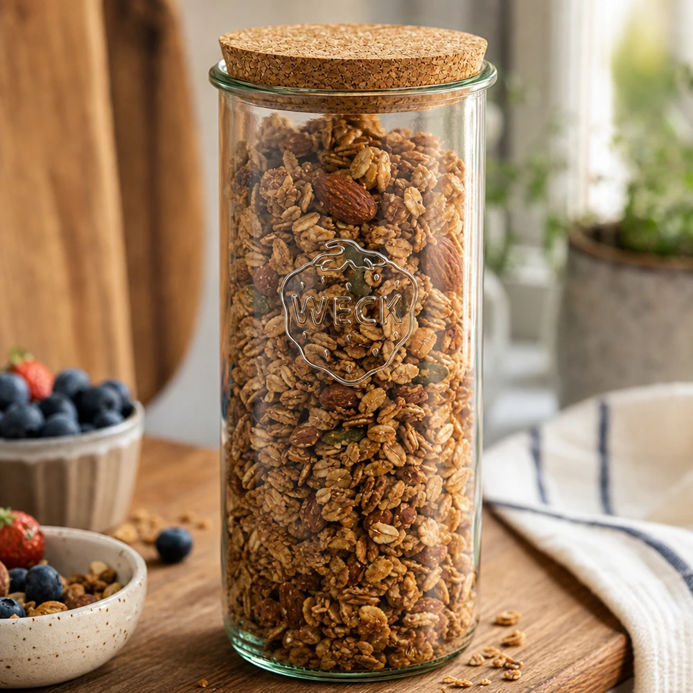 Kubki WECK 1500ml wypełnione orzechami musli korkowa pokrywka scena kuchenna drewniany stół śniadanie przechowywanie