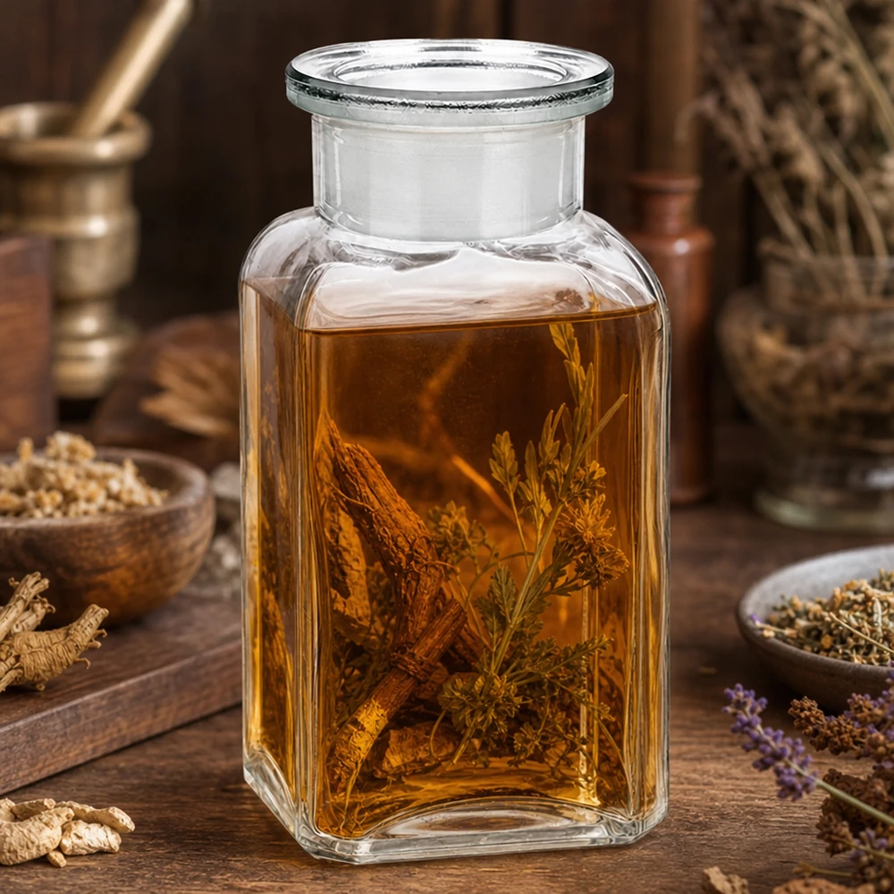 Kwadratowa butelka 100 ml z przezroczystą zatyczką z szeroką szyjką Przezroczysta butelka o przekroju kwadratowym, pojemność 100 ml, z ekstraktem ziołowym i gałązką czarnego bzu na rustykalnym drewnianym stole