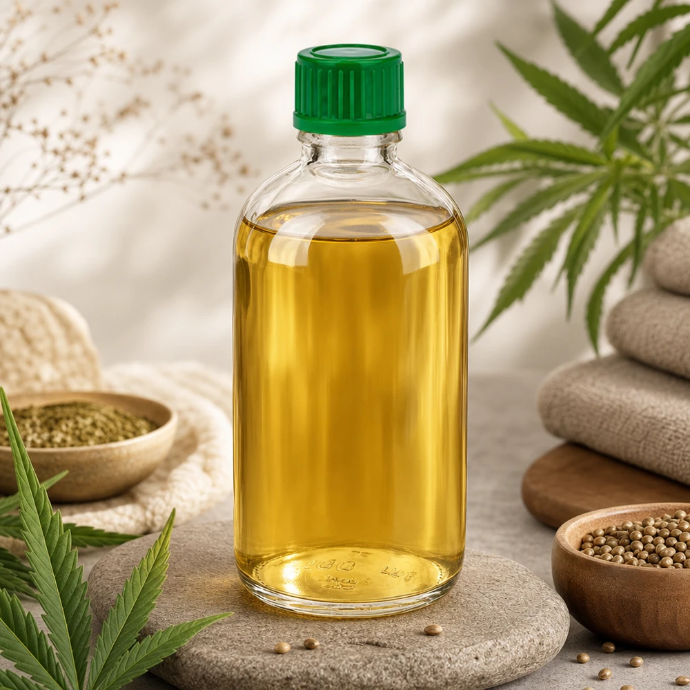 Przezroczysta butelka o pojemności 100 ml z zieloną zakrętką, przeznaczona do oleju konopnego i kosmetyków naturalnych ClearLine UT18/100