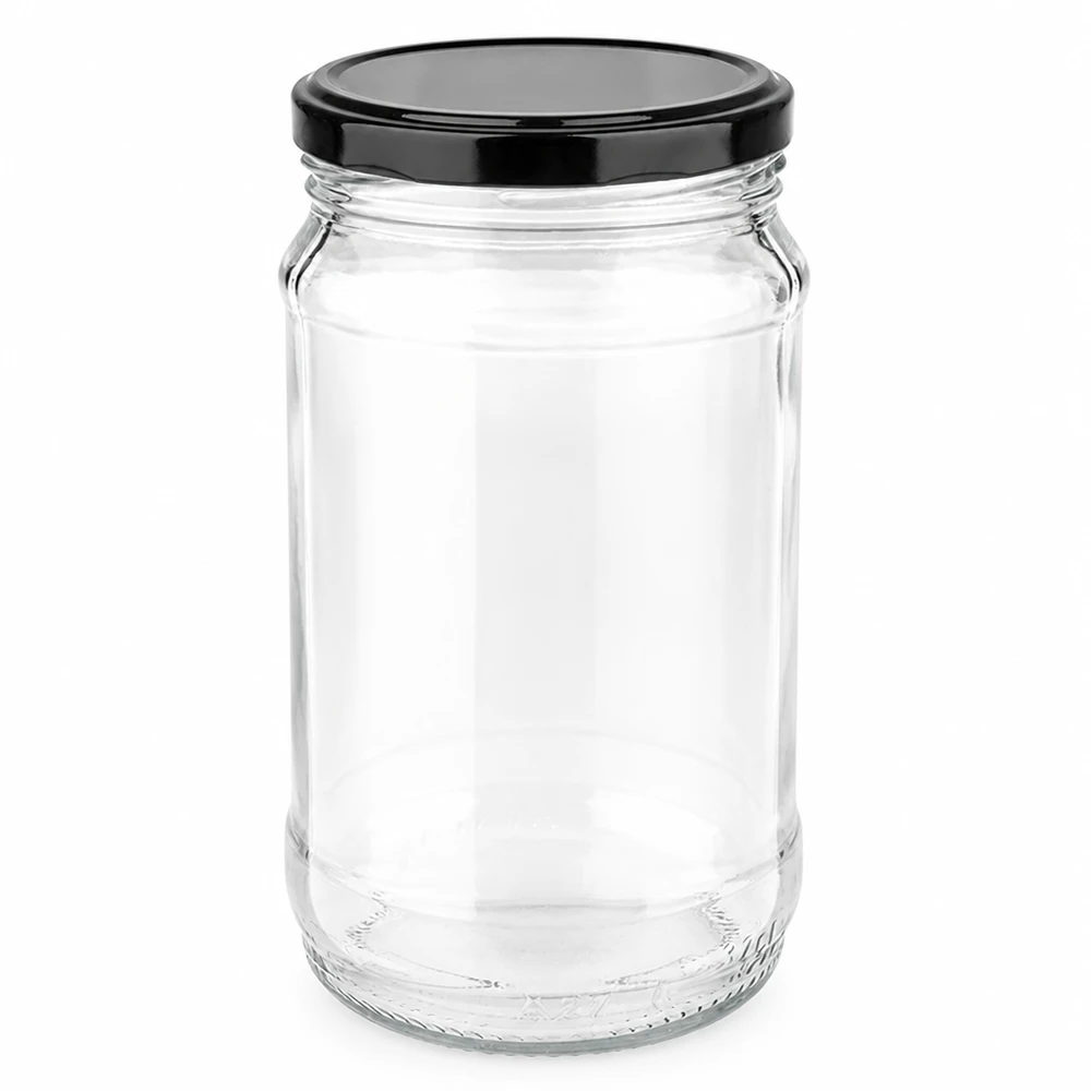 Okrągła szklanka 370 ml + BasicSeal czarna UNiTWIST Okrągła szklanka o pojemności 370 ml z czarną pokrywką BasicSeal firmy UNiTWIST – pusta i przezroczysta na białym tle