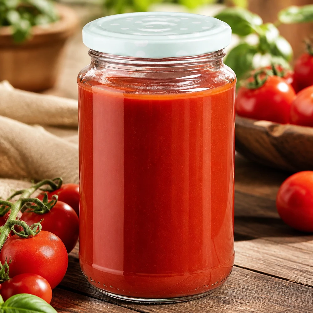 Okrągła szklanka 320 ml + BasicSeal – kropki w kolorze miętowym, matowa, UNiTWIST Sos pomidorowy w okrągłej szklanej butelce UNiTWIST o pojemności 320 ml z pokrywką BasicSeal w kropki w kolorze miętowym matowym oraz świeże pomidory