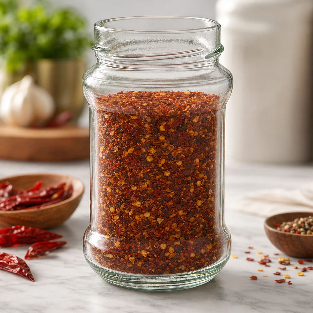 UNiTWIST Runda390 - Okrągły słoik o pojemności 390ml TO66deep Okrągły słoik 390ml wypełniony mieszanką przypraw chilli UNiTWIST Runda390 TO66głęboki szklany słoik do kuchni i przechowywania