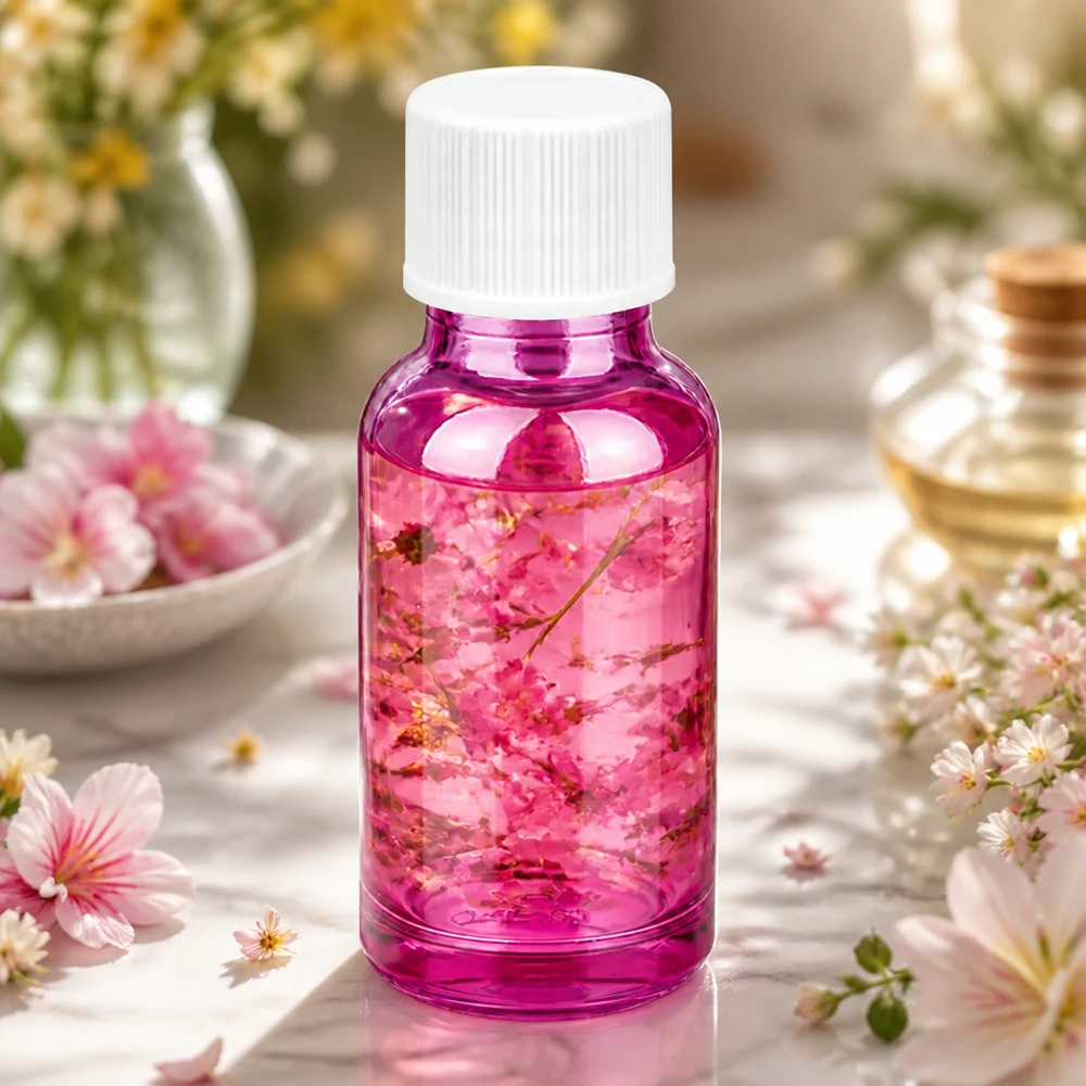 Wytrzymała szklana butelka o pojemności 20 ml w eleganckim fioletowym kolorze z praktycznym standardowym korkiem 11 mm