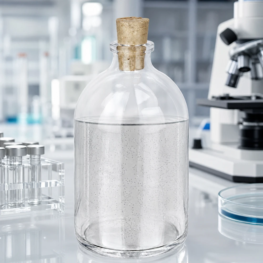 Butelka z przezroczystego szkła 100 ml z korkiem 11/14 mm Verschlossene Klarglasflasche 100ml mit Korken 11/14mm und milchig weißem Laborinhalt
