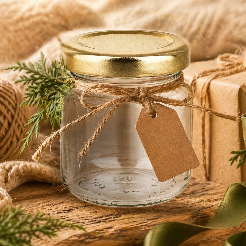 Szklanka okrągła 53 ml z pokrywką BasicSeal złota UNiTWIST 53 ml okrągły słoik UNiTWIST ze złotym wieczkiem jako pomysł na prezent ozdobiony wstążką z rafii i zawieszką