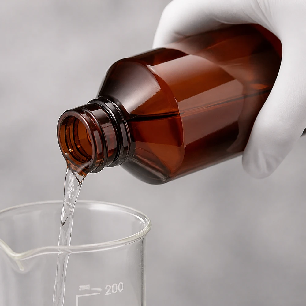 Ręka w rękawiczce wlewa przezroczysty płyn z brązowej butelki PET o pojemności 200 ml do zlewki