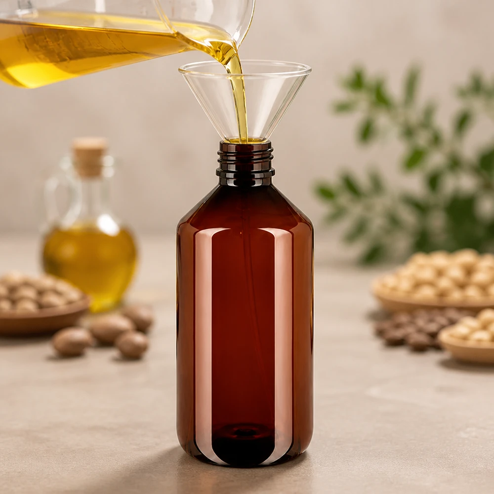 Robuste Kunststoffflasche 500ml in Braun mit weitem Schraubhals für viskose Flüssigkeiten