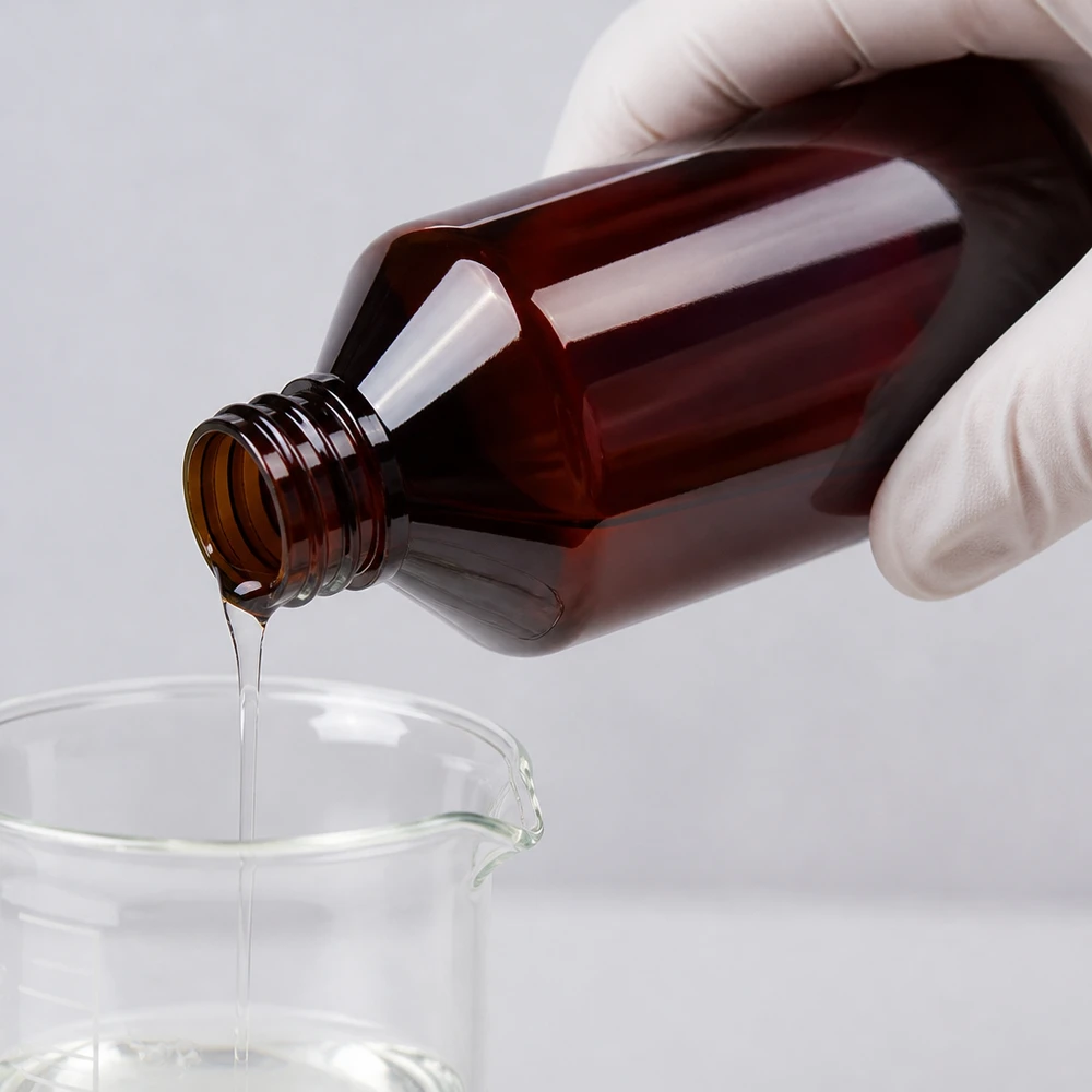 Brązowa butelka PET o pojemności 1000 ml z czerwonym zamknięciem podczas nalewania przezroczystego płynu do szklanki
