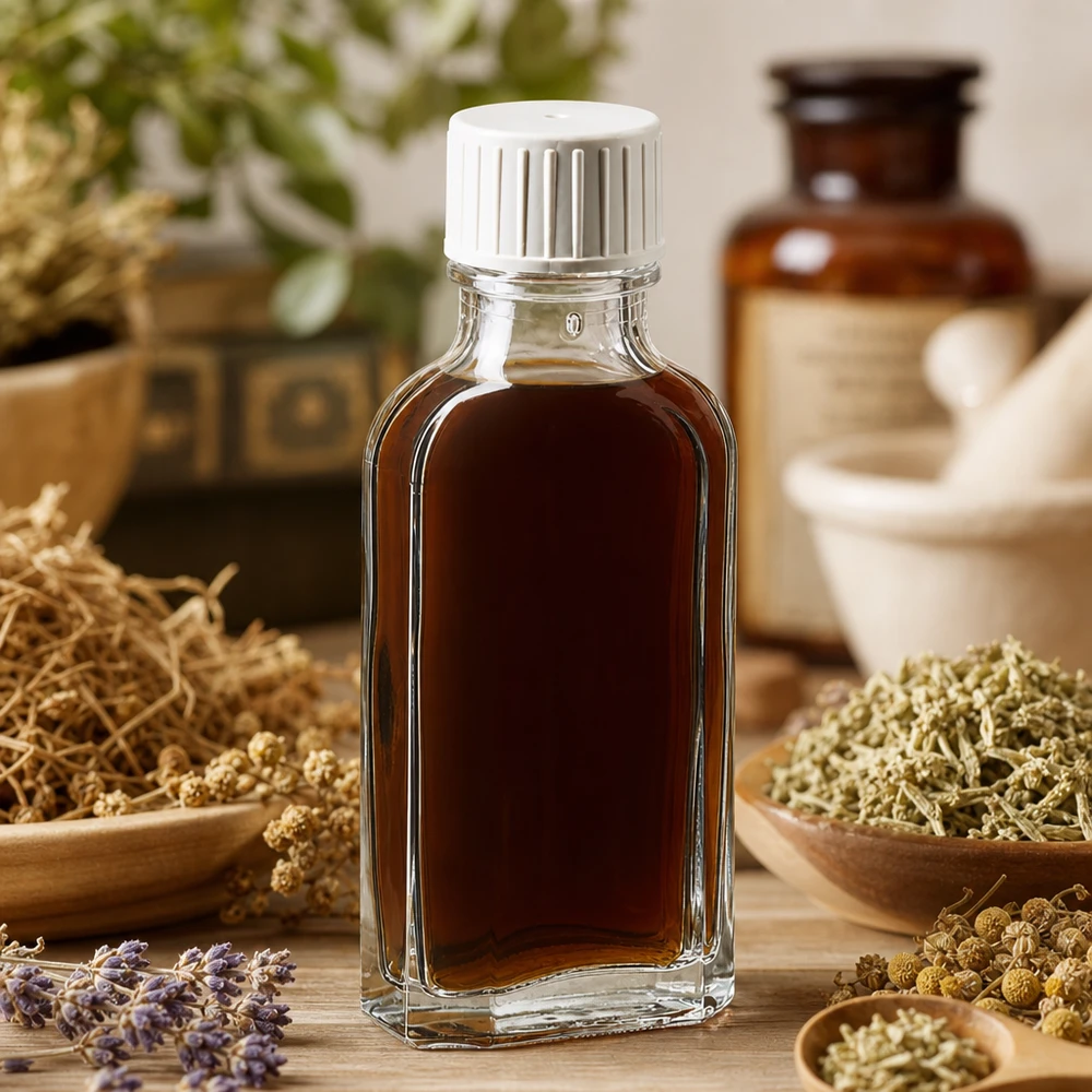 50 ml Przezroczysta zakrętka Meplat z pierścieniem do nalewania Przezroczysta butelka Meplat o pojemności 50 ml z zakrętką, przeznaczona do ekstraktów ziołowych i nalewek