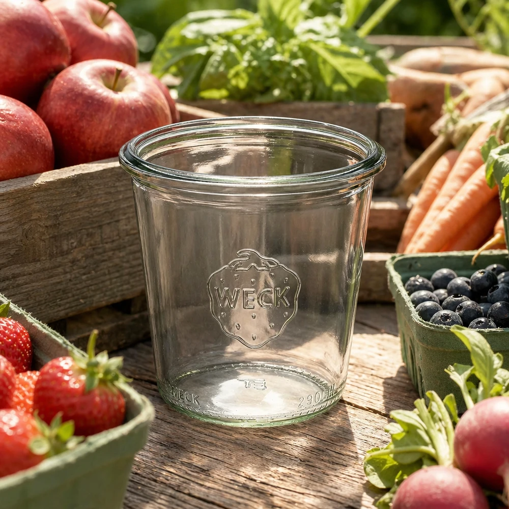 Słoik z szeroką szyjką, 290 ml, WECK RR80 Szklane kubki WECK o pojemności 290 ml i wysokości RR80 z logo w otoczeniu świeżych owoców i warzyw na drewnianym stole.