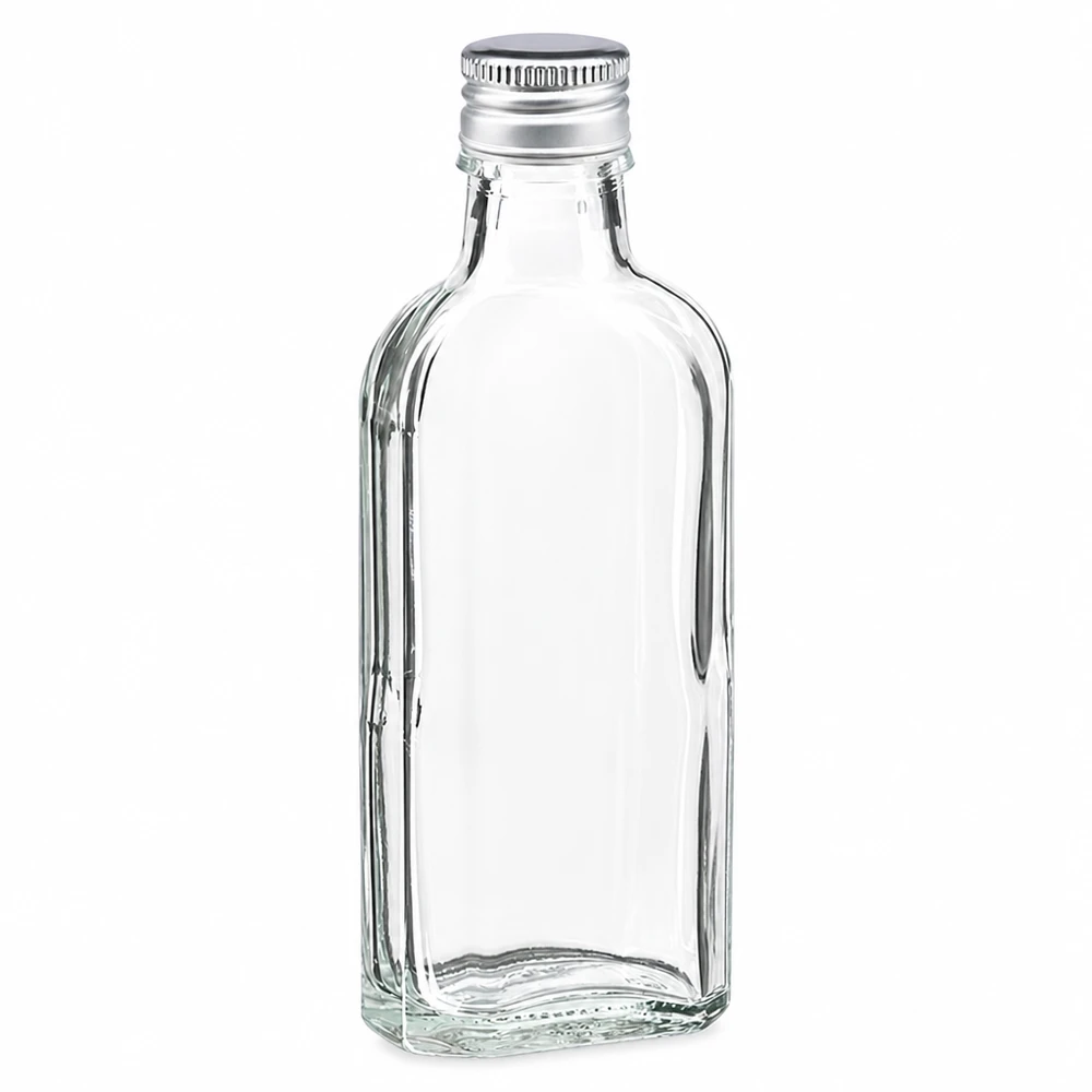 100 ml Meplat przezroczysty z aluminiowym kapslem srebrny PP22 Przezroczysta szklana butelka Meplat o pojemności 100 ml z srebrnym aluminiowym zamknięciem PP22 do likierów i olejków