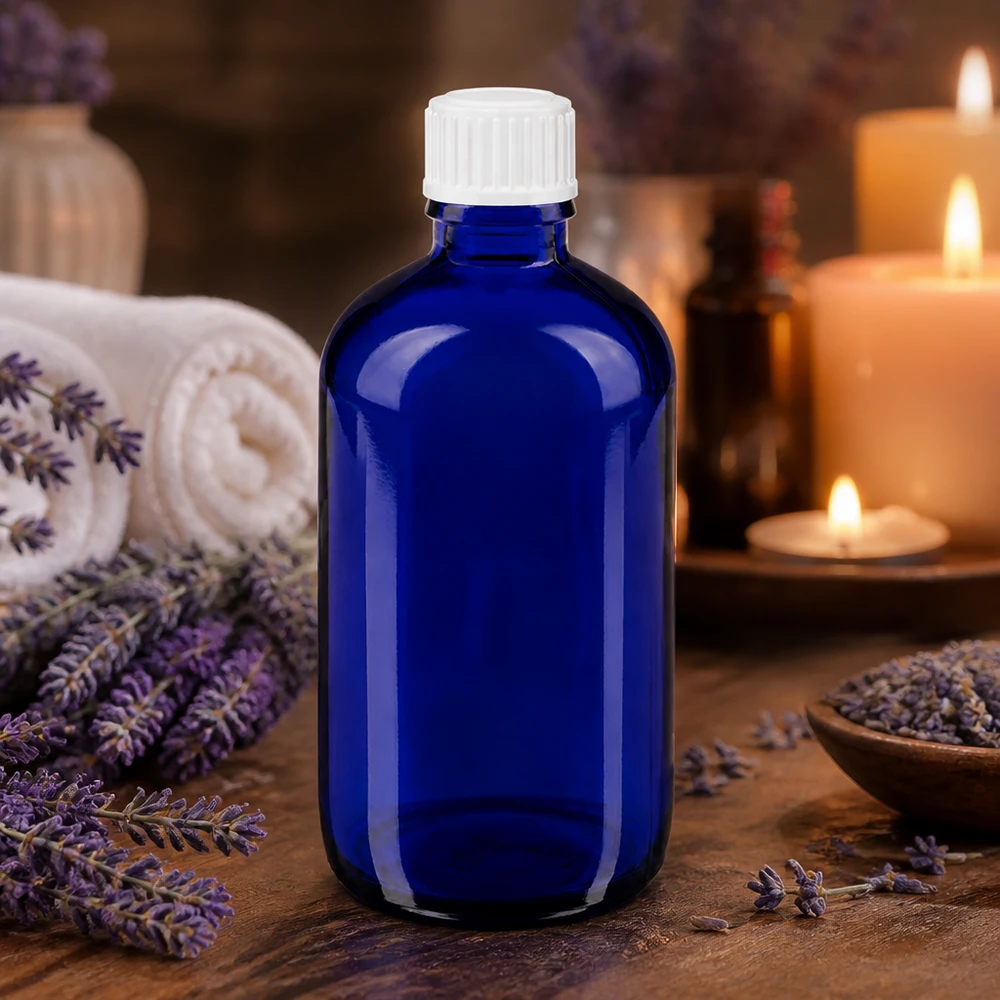 Butelka apteczna niebieska 100ml zakrętka biała szt. Niebieska szklana butelka o pojemności 100 ml z białym zamknięciem zabezpieczającym przed dziećmi, przeznaczona do olejków eterycznych