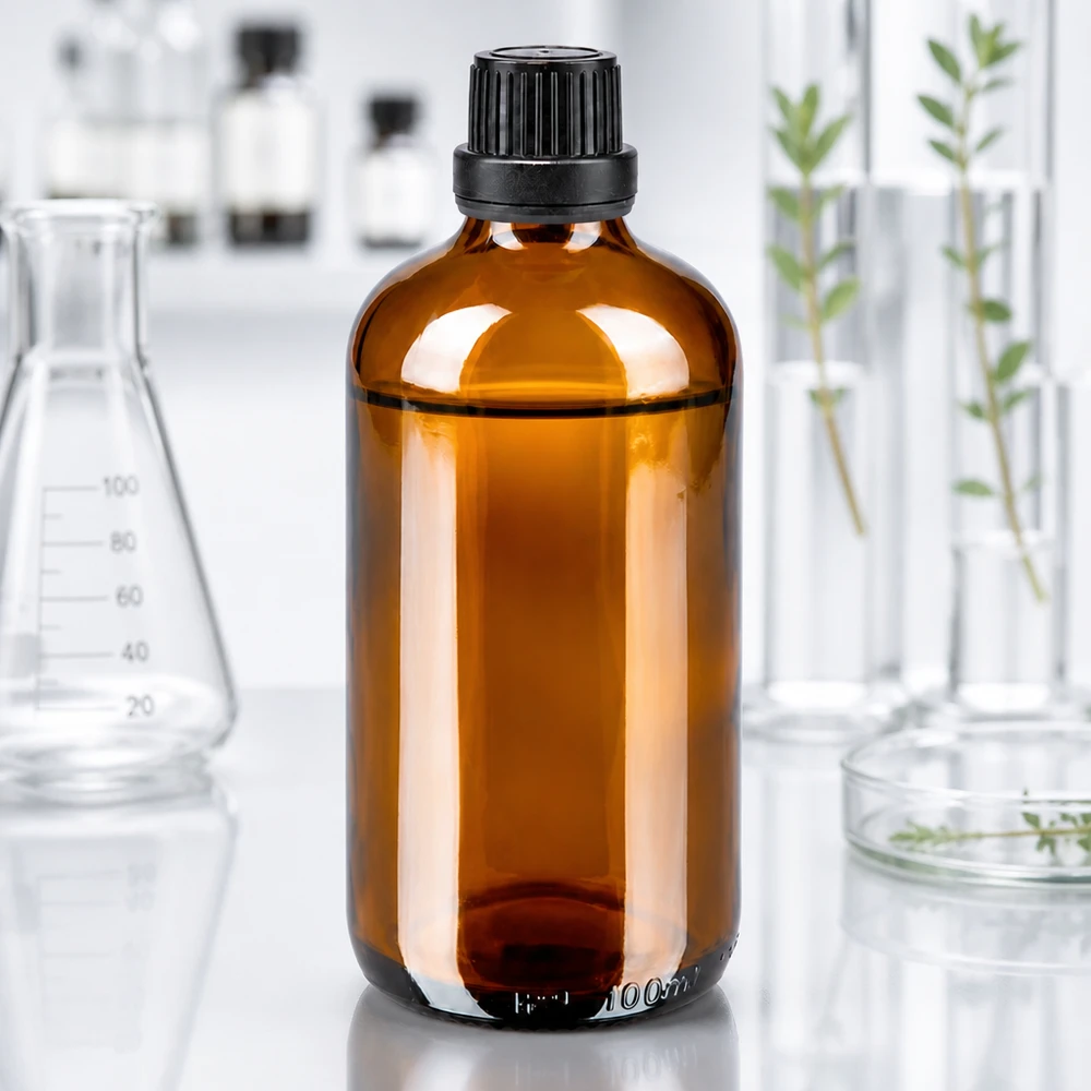 Butelka apteczna brązowa 100ml drip v. Pr 2mm czarny OV Butelka z brązowego szkła o pojemności 100 ml z czarną zakrętką w laboratorium, pomiędzy kolbą Erlenmeyera a probówkami