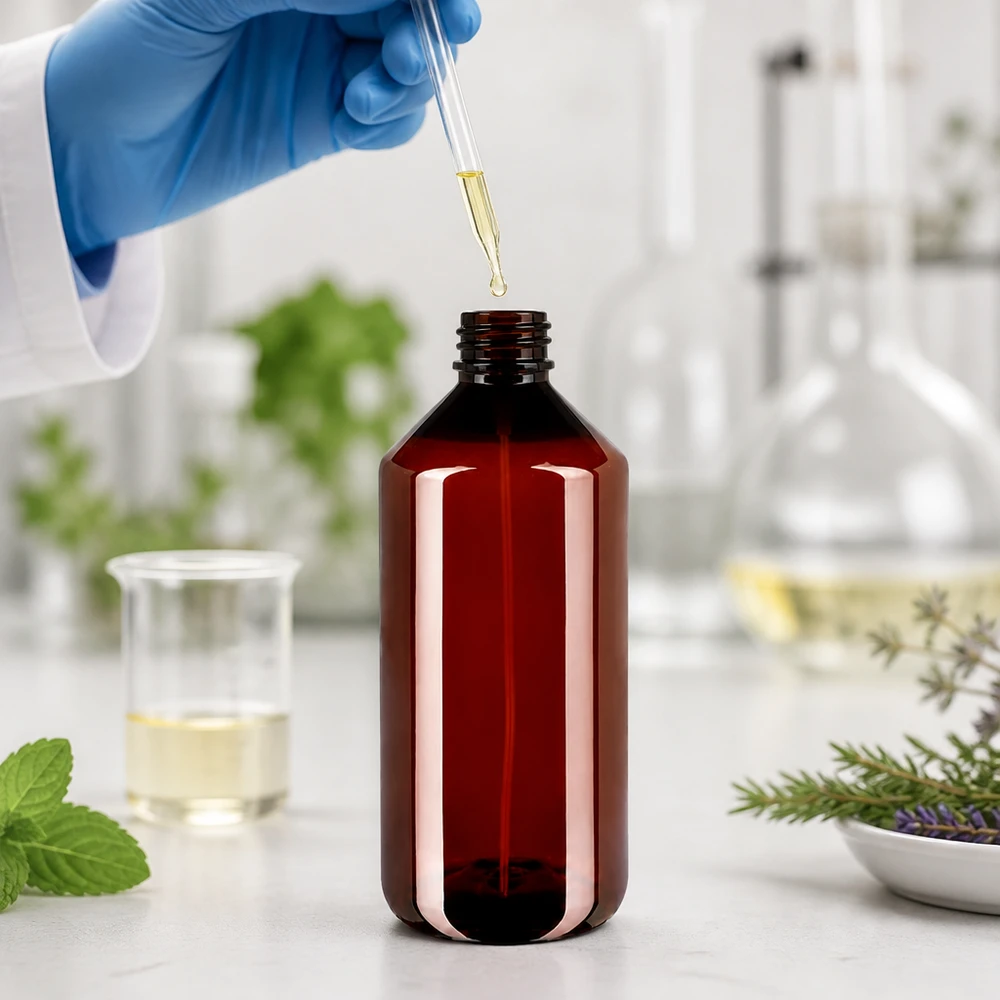Brązowa butelka z tworzywa PET o pojemności 1 litra w nowoczesnym laboratorium z pipetą i naturalnymi składnikami