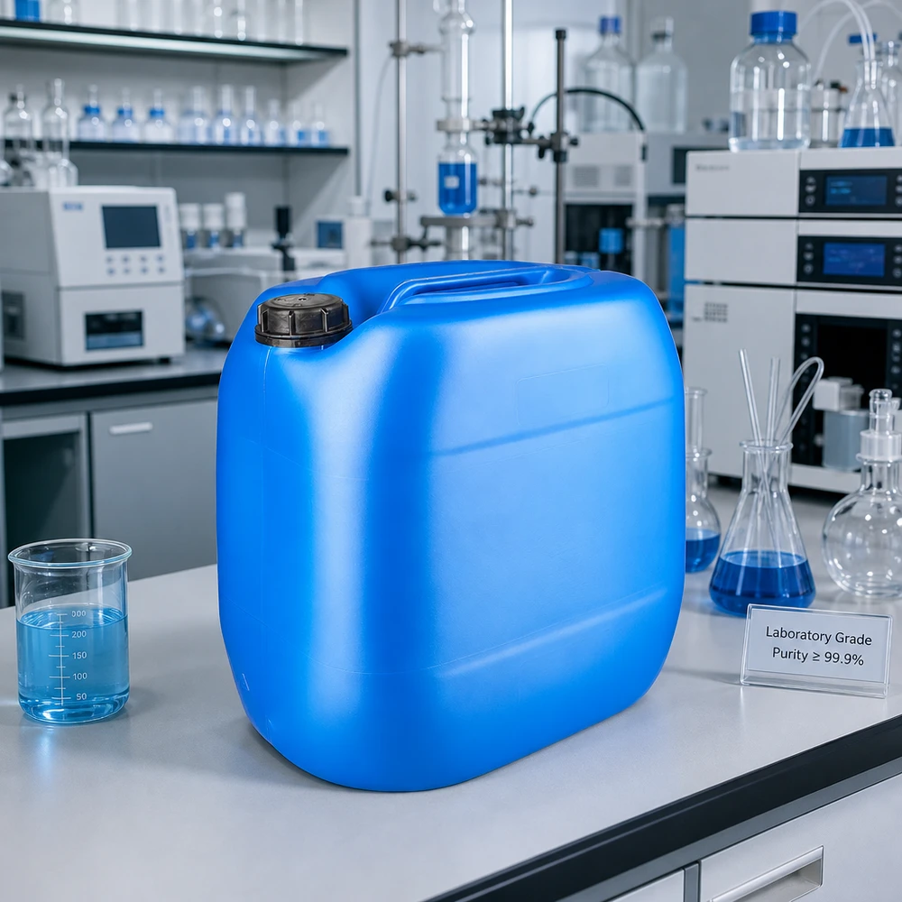 Kanister 30 litrów niebieski z zakrętką OV Kanister laboratoryjny o pojemności 30 litrów, niebieski, z czarnym zamknięciem typu OV, stojący na białym stole laboratoryjnym obok zlewki