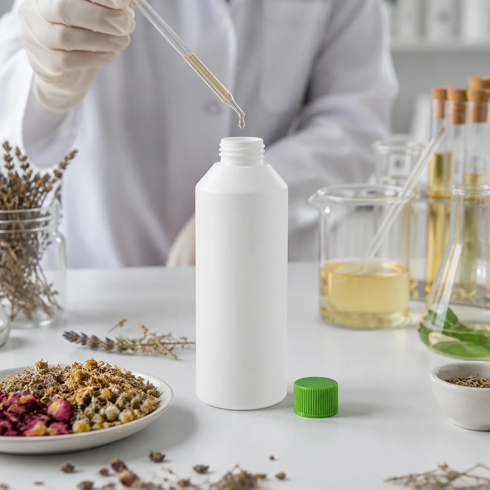Butelka apteczna HDPE 250ml biała, z zielonym SV Biała plastikowa butelka o pojemności 250 ml z zieloną nakrętką obok ziół leczniczych i naczyń laboratoryjnych