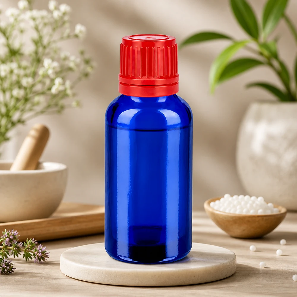 Butelka 30 ml 11 mm SV czerwona OV BlueLine UT18/30 Wysokiej jakości butelka aptekarska o pojemności 30 ml wykonana z niebieskiego szkła z czerwoną zakrętką zabezpieczającą przed dziećmi.