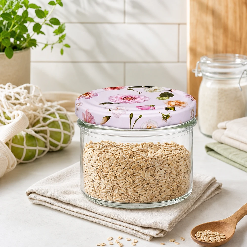 Słoik 225 ml + pokrywka BasicSeal kwiat różowy UN.. Haferflocken in 225ml Sturzglas mit rosa Blumendeckel - praktische Küchendeko für Müsli und Getreide Aufbewahrung