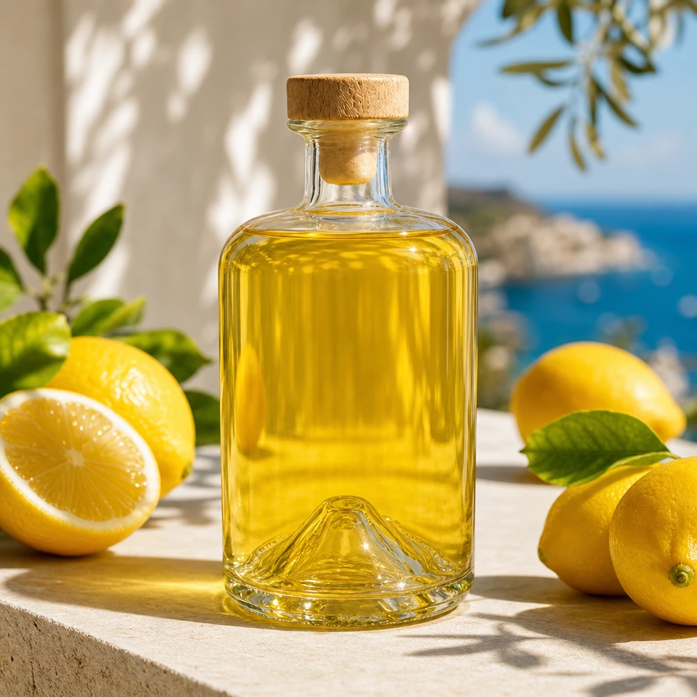 Butelka apteczna 500 ml Sofia z drewnianym korkiem UNiTWIST® 500ml Glasflasche Sofia mit Holzkorken gefüllt mit gelbem Öl zwischen Zitronen in mediterraner Küche