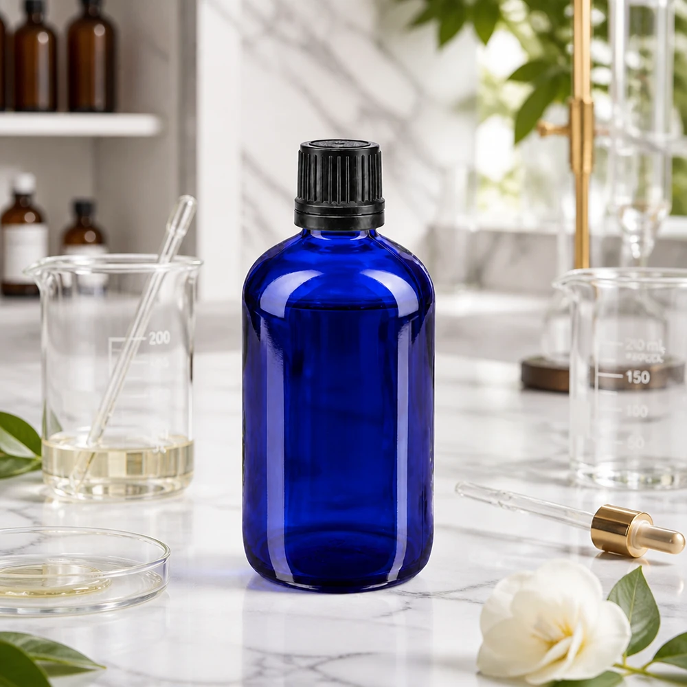 Butelka apteczna niebieska 100ml zakrętka czarny nalewak r. OV Niebieska szklana butelka apteczna o pojemności 100 ml z czarnym, oryginalnym zamknięciem 8 mm w otoczeniu laboratoryjnym