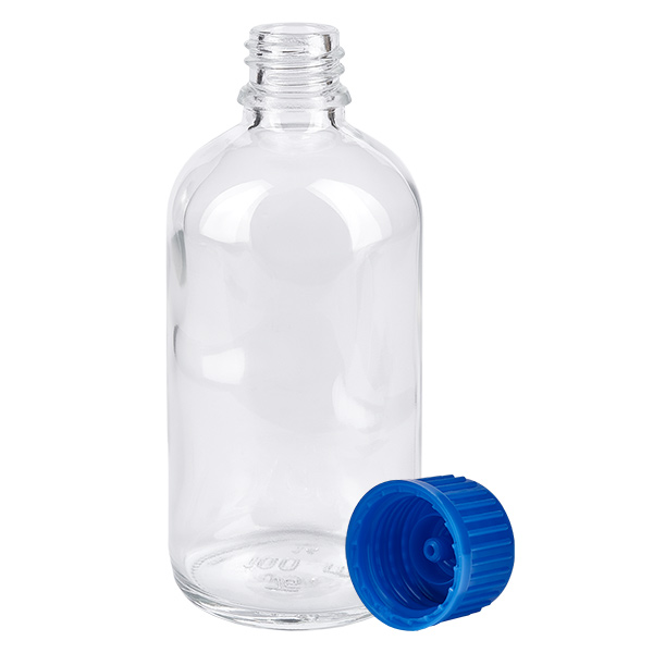 Butelka 100 ml 11 mm SV niebieski STD ClearLine UT18/100 ClearLine UT18 – butelka ze szkła przezroczystego o pojemności 100 ml z niebieskim zamknięciem zabezpieczającym przed dziećmi 11 mm SV