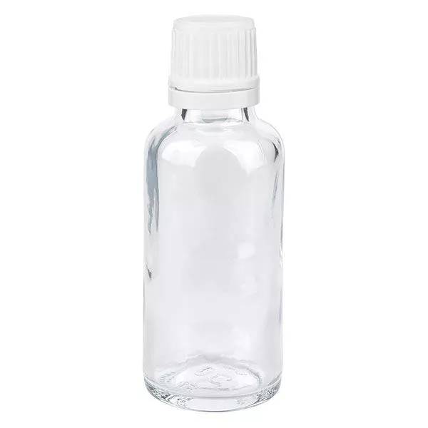 Butelka apteczna przezroczysta 30ml zakrętka biała OV Butelka apteczna przezroczysta 30ml zakrętka biała OV