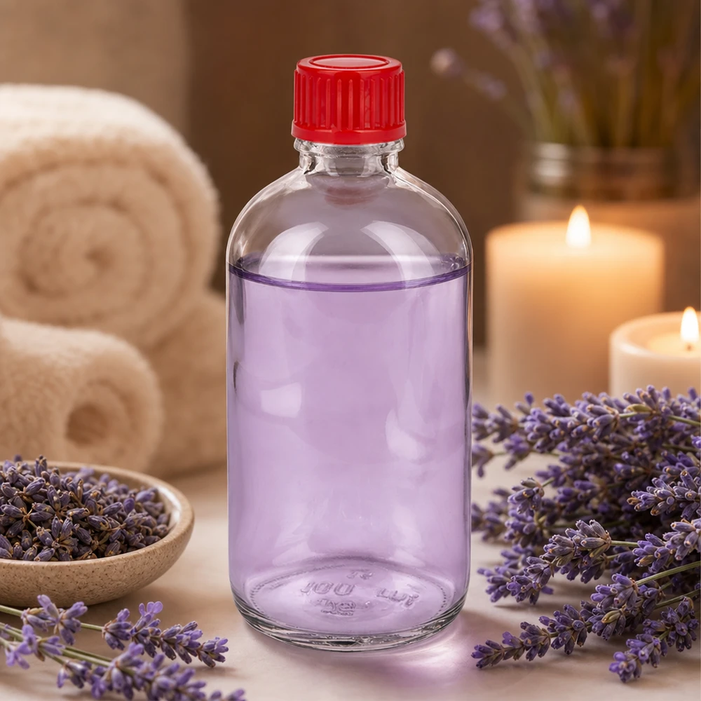 Butelka 100 ml 11 mm SV czerwona STD ClearLine UT18/100 100ml Glasflasche UT18/100 roter Kunststoffverschluss 11mm SV gefüllt mit lila ätherischem Öl Lavendel