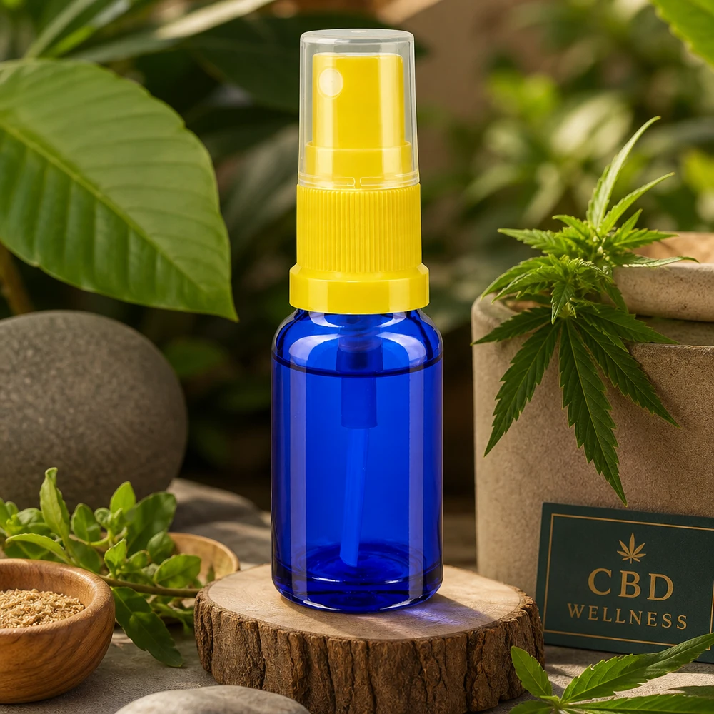 Butelka apteczna niebieska 30ml nasadka rozpylająca żółta Niebieski atomizer ApoGlas o pojemności 30 ml z żółtą głowicą rozpylającą, umieszczony pomiędzy roślinami konopi a kamieniami naturalnymi
