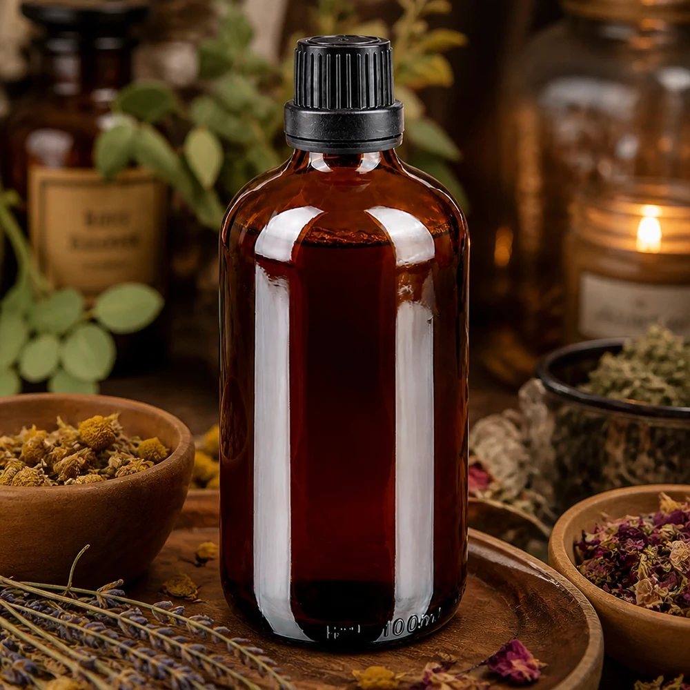 Butelka apteczna brązowa 100ml drip v. Pr 2mm czarny OV Brązowa buteleczka z zakraplaczem o pojemności 100 ml z czarnym zamknięciem OV, umieszczona na drewnianej tacki z suszonymi ziołami