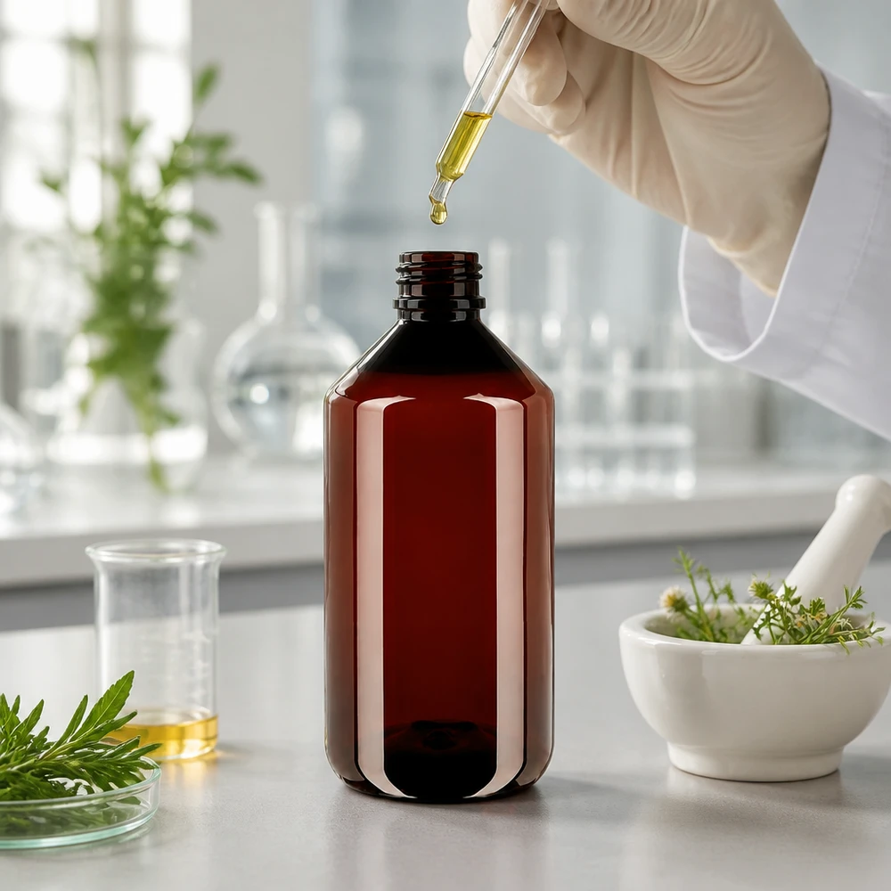 Bursztynowa butelka plastikowa o pojemności 750 ml z oryginalnym zamknięciem zabezpieczającym przed dziećmi w laboratorium