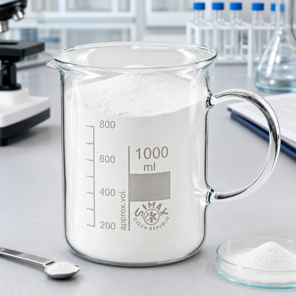 Zlewka 1000 ml ze szkła borokrzemowego, z uchwytem Zlewka o pojemności 1000 ml wypełniona białym proszkiem obok szalki Petriego i łyżki w laboratorium