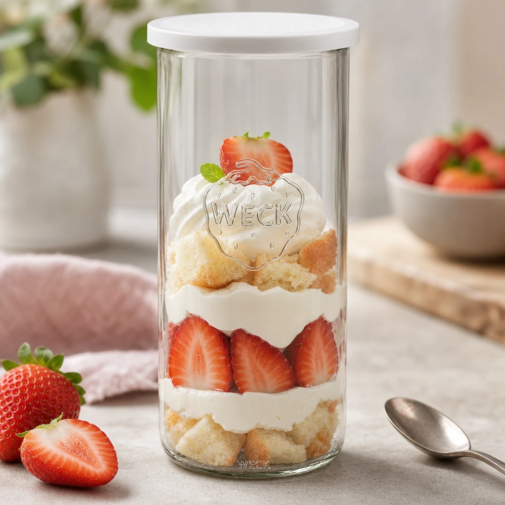 Kubki o pojemności 1500 ml z pokrywką WECK RR100 Słoik WECK 1500ml RR100 wypełniony deserem truskawkowym wykazuje wszechstronne zastosowanie jako talerzyk deserowy z łyżeczką