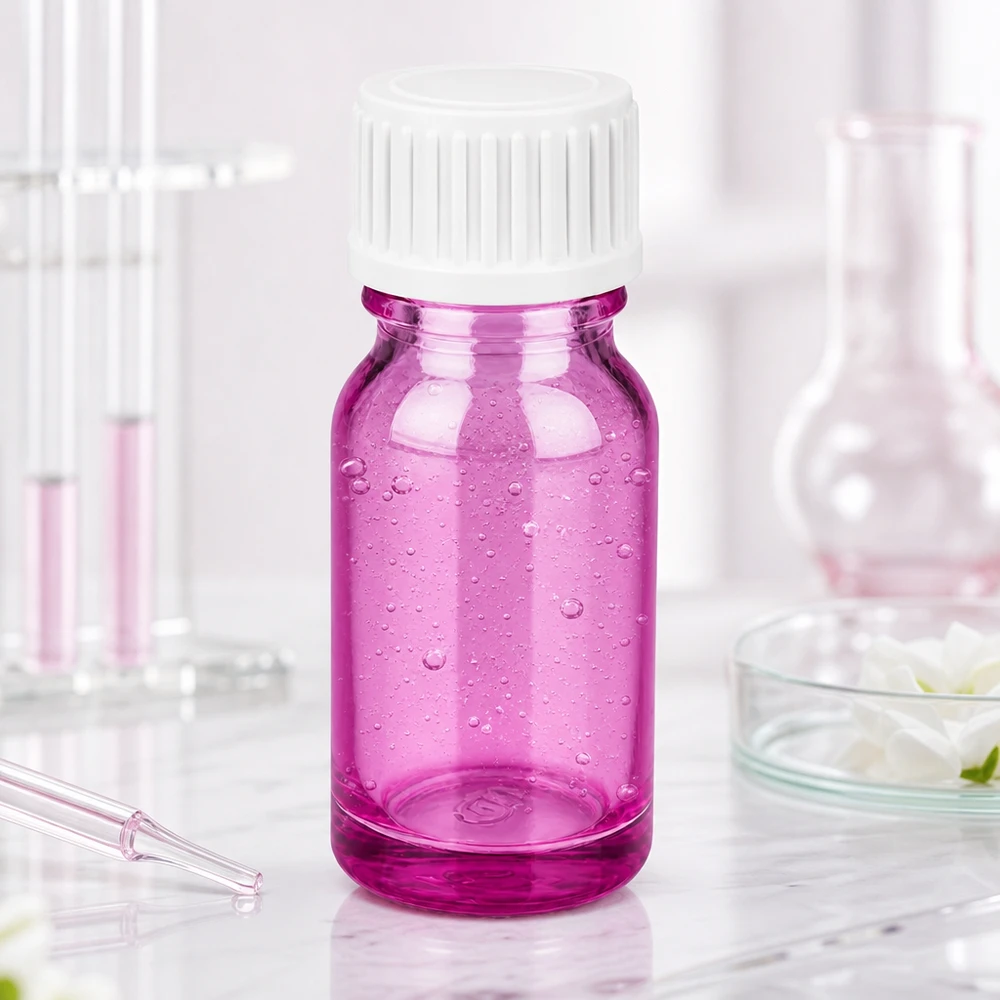 Butelka o pojemności 10 ml. Pierścień do nalewania 3 mm, biały, standardowy PurpleLine. UT18/10 Fioletowa szklana butelka o pojemności 10 ml z gwintem 18 mm, idealna do zastosowań laboratoryjnych i farmaceutycznych