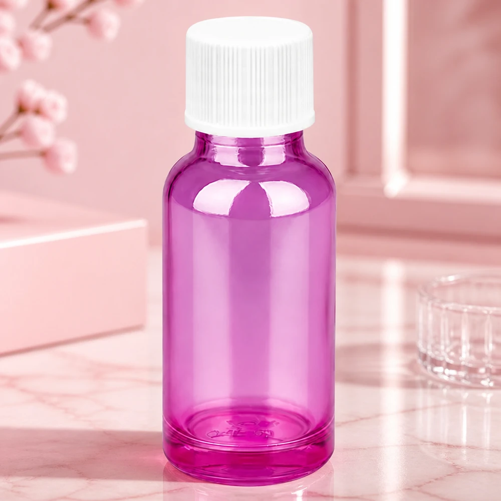 Elegancka butelka 20 ml w kolorze jasnofioletowym z białą zakrętką na produkty kosmetyczne