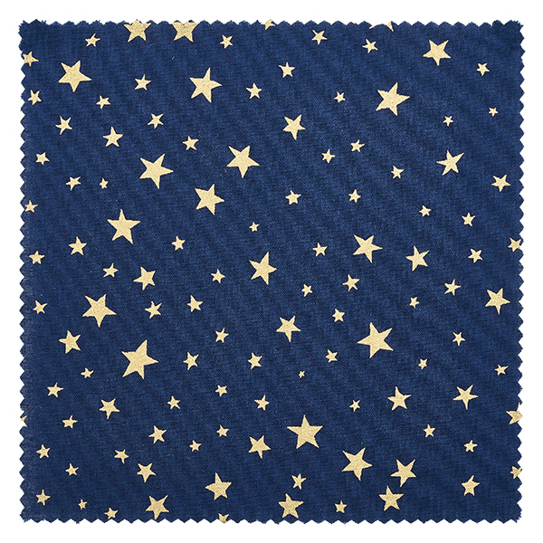 Tkanina serwetka gwiazdki niebieski kwadrat 150x150mm Blaues Stoffdeckchen mit goldenen Sternen verschiedener Größen Detail-Ansicht 15cm quadratisch für Dekoration