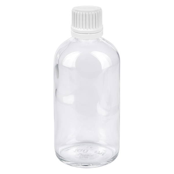 100 ml butelka z kroplomierzem 0,7 mm biała OV ClearLine UT18/100 Przezroczysta szklana butelka o pojemności 100 ml z białym zamknięciem zabezpieczającym, przeznaczona do kropli i preparatów farmaceutycznych