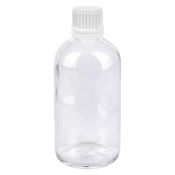 100 ml butelka z kroplomierzem 0,7 mm biała OV ClearLine UT18/100 Przezroczysta szklana butelka o pojemności 100 ml z białym zamknięciem zabezpieczającym, przeznaczona do kropli i preparatów farmaceutycznych