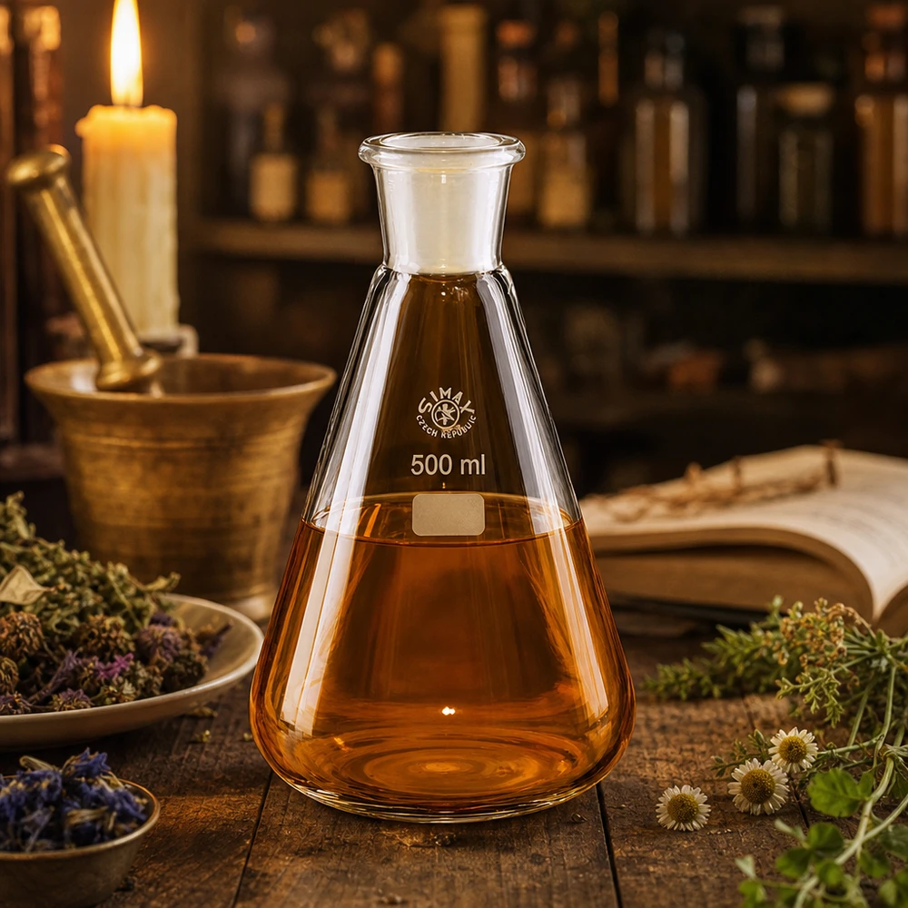 Kolba Erlenmeyera 500 ml ze standardowym szlifowanym złączem (29/32) Roztwór koloru bursztynowego w przezroczystej kolbie Erlenmeyera o pojemności 500 ml ze szlifem NS 29/32