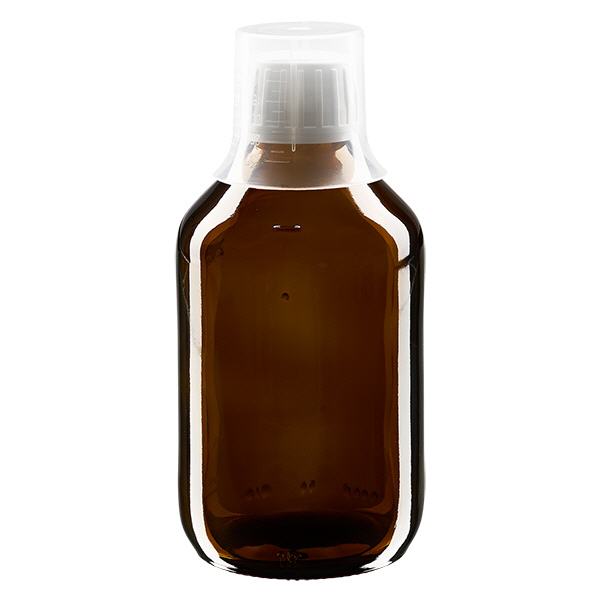 Butelka na lek 250 ml brązowa, zakrętka OV z kubkiem dozującym 30 ml ApoGlas. Farmaceutyczna jakość produkcji UE. Gwint 28 mm (PP28). (syrop, butelka z lekkiego szkła) Butelka na lek 250 ml brązowa, zakrętka OV z kubkiem dozującym 30 ml ApoGlas. Farmaceutyczna jakość produkcji UE. Gwint 28 mm (PP28). (syrop, butelka z lekkiego szkła)