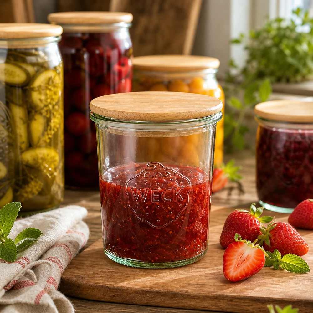 Kubki WECK RR60 o pojemności 160 ml z drewnianą pokrywką WECK 160ml RR60 słoik na dżem truskawkowy domowa konserwacja drewniana pokrywka zrównoważona kuchnia