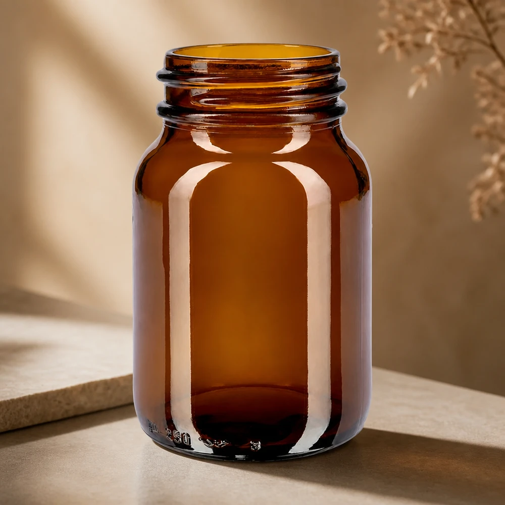 Bursztynowa butelka z szeroką szyjką o pojemności 250 ml Butelka z szeroką szyjką o pojemności 250 ml wykonana z wysokiej jakości bursztynowego szkła zapewniającego optymalną ochronę zawartości przed światłem.
